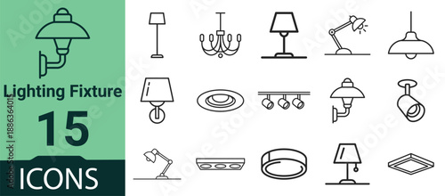 lighting fixture icons set, minimal line-art interior and architectural symbols collection