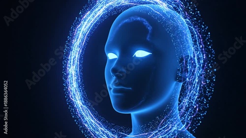 Abstract Digital Human Head with Glowing Eyes and Energy Aura