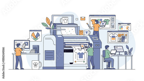 Professional workers operate large textile machines and design graphics for custom t-shirt printing in a modern industrial factory setting.