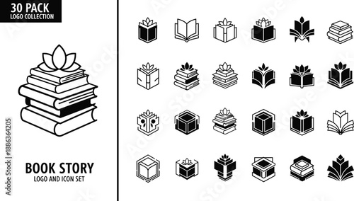 Large collection of thirty book and lotus logo icons for publishing companies, educational branding, library symbols, literary story icons, black and white set