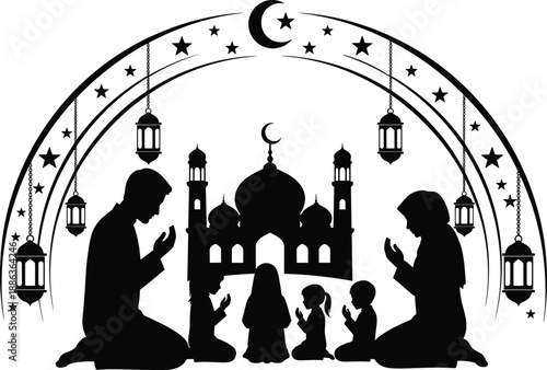 Muslim family silhouette praying together in front of mosque with lanterns and crescent moon for Ramadan Kareem and Eid Mubarak celebration background