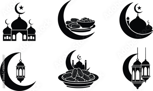 Set of black and white Islamic icons featuring mosque domes crescent moons hanging lanterns and dates for Ramadan Kareem and Eid Mubarak