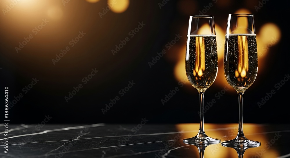 Naklejka premium Two elegant champagne glasses standing on a marble table with sparkling golden bokeh lights for a luxurious celebration concept, perfect for The Oscars with a festive atmosphere