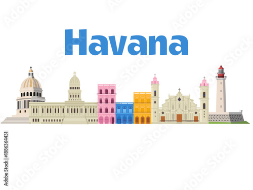 illustration Havana skyline historic buildings city landscape urban architecture Cuba