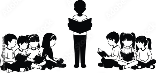 Silhouette group of children reading books together, teacher standing with book in front of sitting students, literacy and early childhood education concept