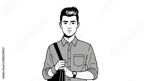 Young man with stylish hair and a shoulder bag.
