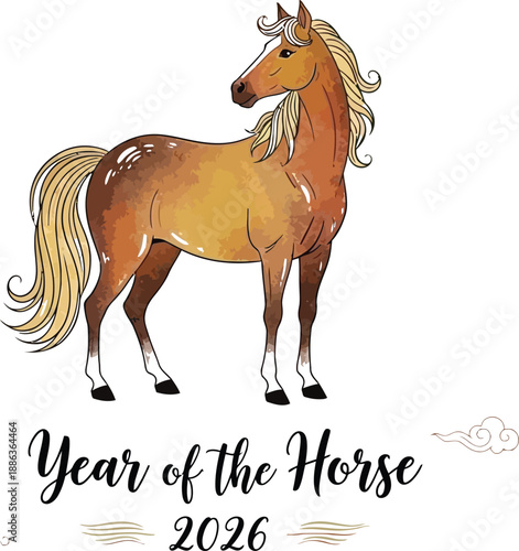 Illustration celebrating the arrival of the chinese zodiac year of the horse for two thousand twenty six with elegant calligraphy design elements