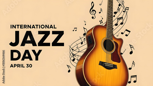 Celebrating International Jazz Day on April 30 with musical notes and acoustic guitar