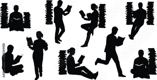 Silhouette collection of people reading books in various poses, men and women studying with book stacks, educational diversity isolated on white background