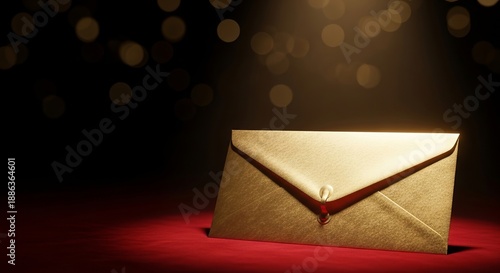 A stunning golden envelope illuminated on a rich red surface, symbolizing an exclusive invitation or special award for an important Oscar-themed concept © antuanetto