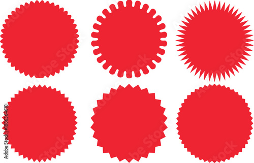 Red starburst badge shapes collection with spiked circular labels, flat vector design for sale and promotion