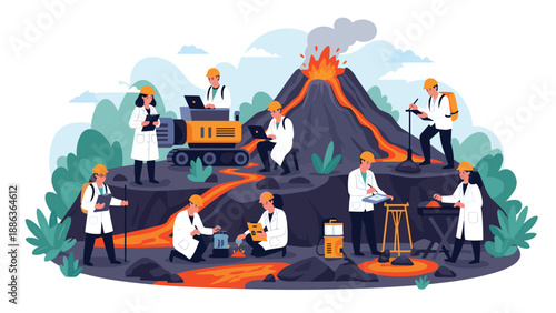 Team of dedicated geologists and researchers in protective gear study an active volcanic eruption with flowing lava in a natural landscape.