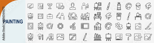 Painting line icons set for art studio and creative hobby