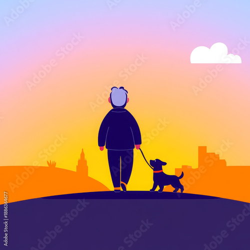 Wallpaper Mural Elderly man walking dog sunset cityscape peaceful evening silhouette companionship Torontodigital.ca