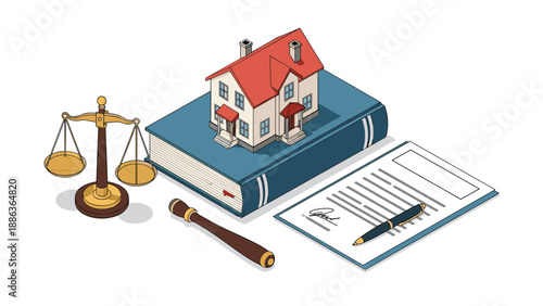 Isometric legal concept features a model house on a law book with scales of justice and a gavel to represent real estate property law.