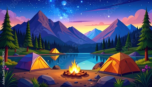 Vibrant cartoon illustration campsite with tents, lake, mountains, and starry sky