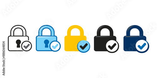 Mixed style icon set featuring padlocks with checkmarks for security and verification concepts
