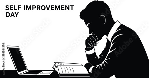 Silhouette of a man studying with a book and laptop, concept for self improvement day, personal development, learning, education and growth
