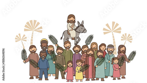 Palm Sunday Illustration with Jesus and Followers.