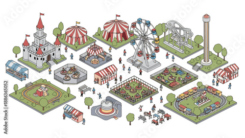 Expansive isometric map of a fun amusement park includes various classic rides, food stalls, and people enjoying a day at the carnival.