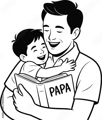 Man and child reading book together labeled Papa