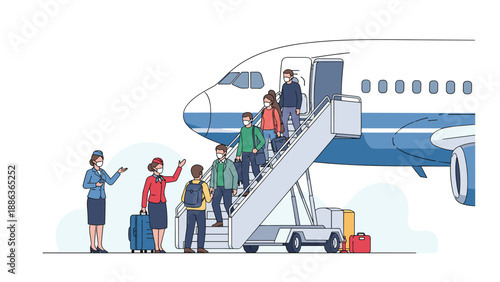Airline passengers wearing protective face masks board a large jet via stairs while flight attendants provide a friendly greeting.