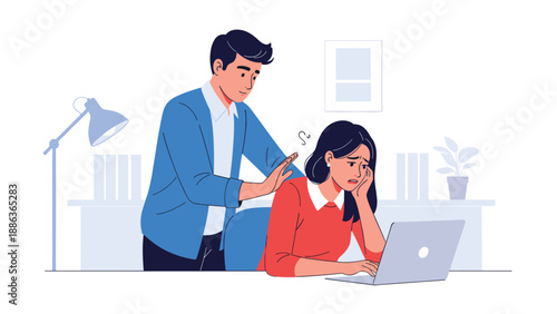 Workplace illustration depicts a serious instance of office harassment where a male colleague makes a female coworker feel uncomfortable.