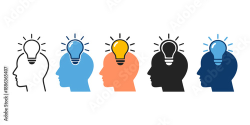 Modern idea concept icon set featuring human heads with glowing light bulbs for brainstorming and creativity