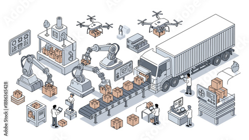 Modern automated warehouse uses robotic arms and delivery drones to efficiently manage and distribute boxes in an industrial facility.
