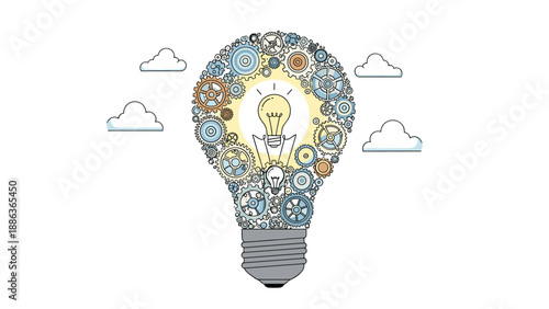 Conceptual light bulb made from an intricate arrangement of metal gears and cogs symbolizes industrial innovation and creative thinking.