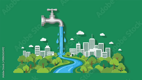 Environmental concept illustration features a giant tap pouring a clean water river through a sustainable city surrounded by lush trees.