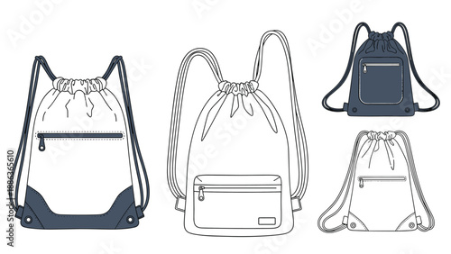 Assortment of drawstring bag designs in white and dark blue colors displayed in different views and styles on a plain background.
