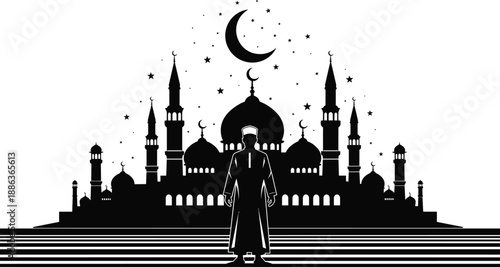 Silhouette of Muslim man standing in front of grand mosque under crescent moon and starry night sky for Ramadan or Eid celebration