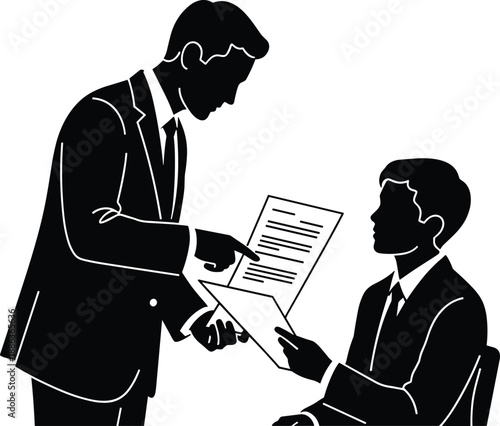 Silhouette of two businessmen in suits discussing a document, corporate illustration for legal contract review, professional consultation, partnership, career and business agreement