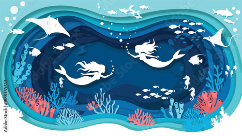 Magical paper cut style underwater scene features white silhouettes of mermaids swimming among coral reefs, seahorses, and schools of fish.