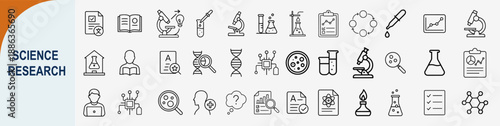 Science research and laboratory experiment outline icon set, isolated vector.
