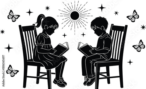Silhouette of two young children reading books on chairs under a sun and stars, magical childhood education, storytelling, imagination and literacy concept
