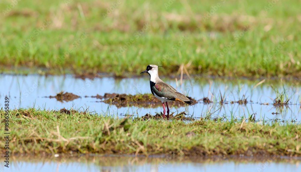 Obraz premium Bird Standing on Wet Grassy Field.