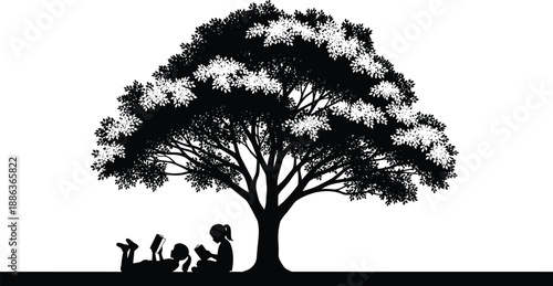 Silhouette of two girls reading books under a large spreading tree, peaceful nature education, childhood learning and summer outdoor literacy concept