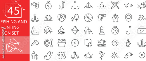 45 Fishing and Hunting Icons Set – Outdoor Sports, Angling, Game Hunting, Fishing Rods, Bait and Tackle, Hunting Gear, Wildlife, Camping and Nature Adventure.