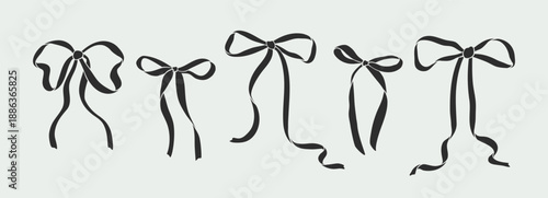 Set of black different bow knots and gift ribbons. Hand drawn various bowknots and hair accessories. Vector isolated design elements for decoration, party, present, holiday, wedding celebration, gift