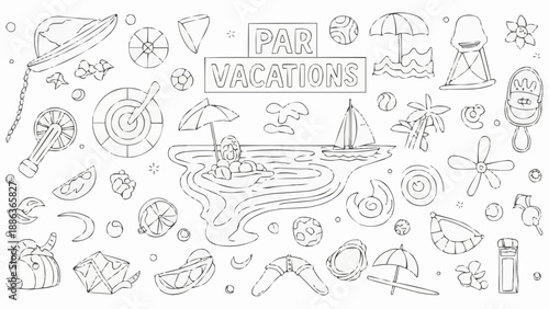 Summer Vacation Fun Elements Doodle Collection.