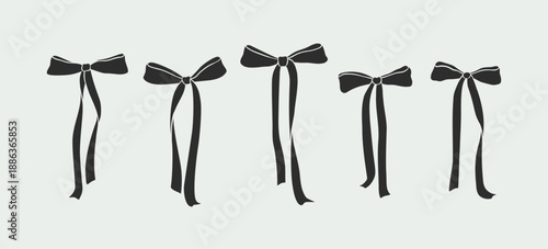 Set of black various bow knots and gift ribbons. Hand drawn vintage different bowknots and hair accessories. Trendy isolated design elements for decoration, present, holiday, wedding celebration, gift