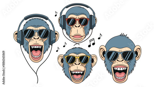 Set of cool chimpanzee characters wearing various styles of headphones and sunglasses with different funny and expressive facial expressions.