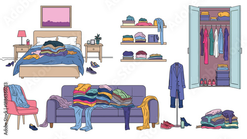 Comparison of home organization shows a messy bedroom and living room with piles of clothes versus a tidy, well-organized closet and shelves.