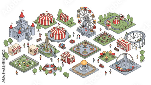 Vast collection of isometric amusement park attractions including a castle, circus tents, ferris wheel, roller coaster, and various carousels.