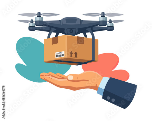 Modern illustration of a delivery drone and a receiving hand depicting automated package delivery for modern logistics and e-commerce