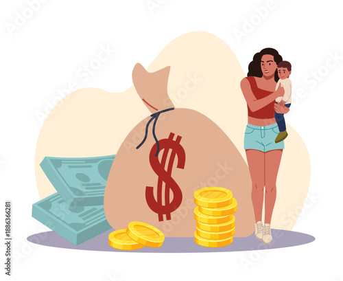 Social benefits. Life insurance, risk assurance, single mother with child in her arms, family finance, household budget and savings, children support cartoon flat isolated vector concept