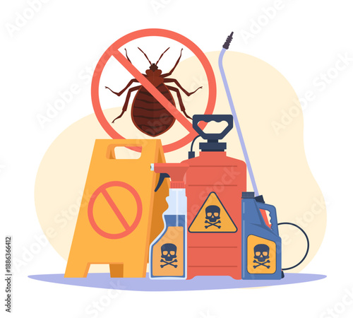 Pest control. Chemicals that kill domestic insects and parasites, extermination with sprayers, chemical containers, caution sign, professional disinfection cartoon isolated vector concept