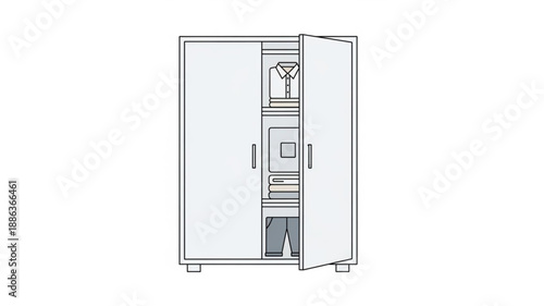 White metal storage cabinet with open door and shelves.